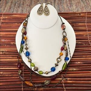 Lia Sophia Multi Strand Colorful Glass Bead Necklace and Earring Set